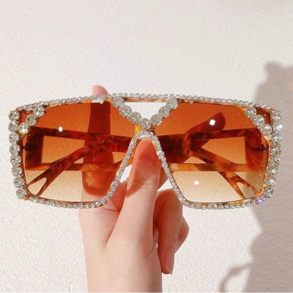 OVERSIZED SQUARE SUNGLASSES RHINESTONE EMBELLISHED BROWN LENS TORTOISE SHELL NEW - Picture 4 of 14